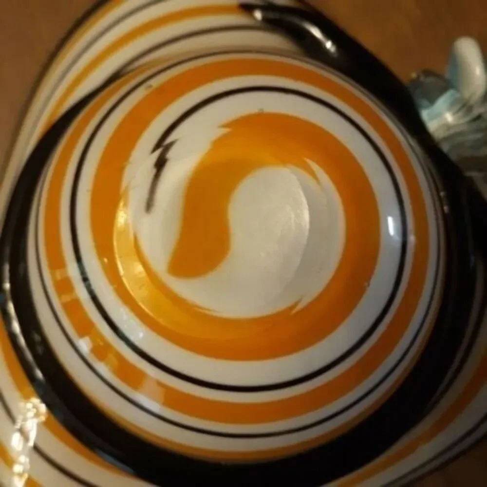 Ruffled Rim Swirl Orange & Black Art Glass Hat Bowl 4.75 X 7